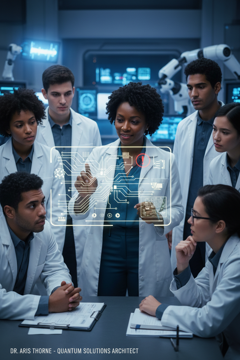 A diverse group of researchers in white lab coats gather around a table while a female scientist gestures to a glowing holographic circuit diagram floating in the air.