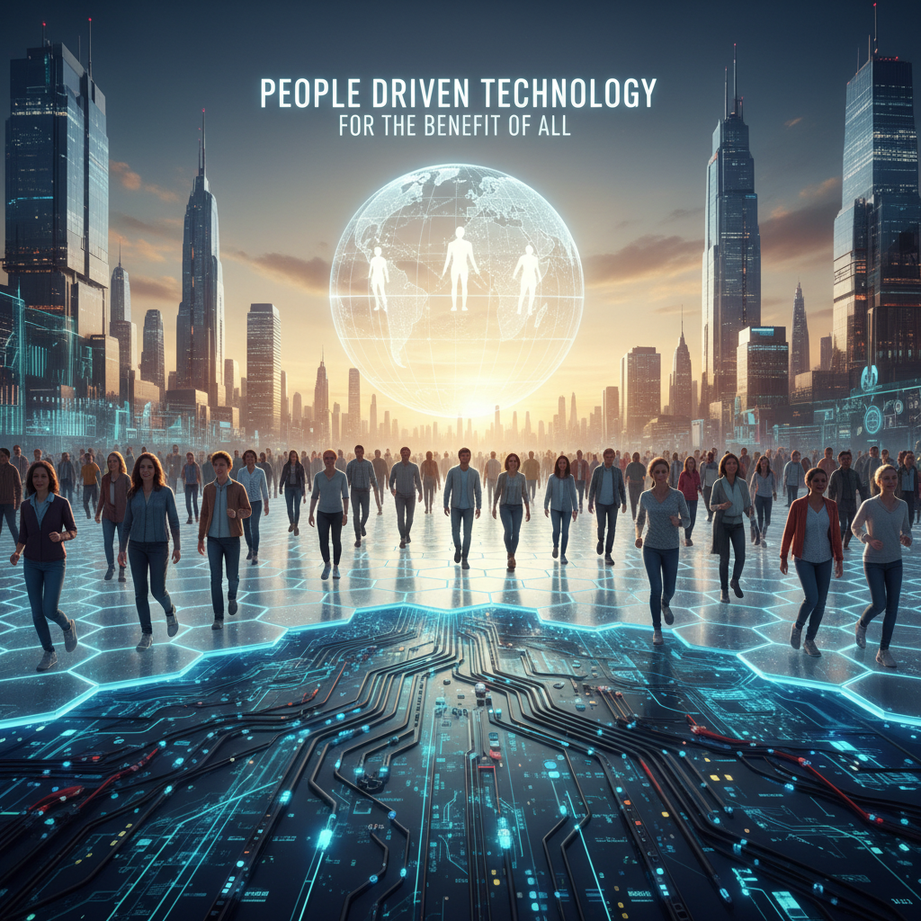 A large crowd of people walks toward a glowing digital circuit board under a giant holographic globe and futuristic city skyline.